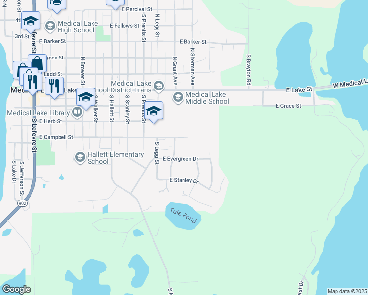 map of restaurants, bars, coffee shops, grocery stores, and more near 1020 East Campbell Street in Medical Lake