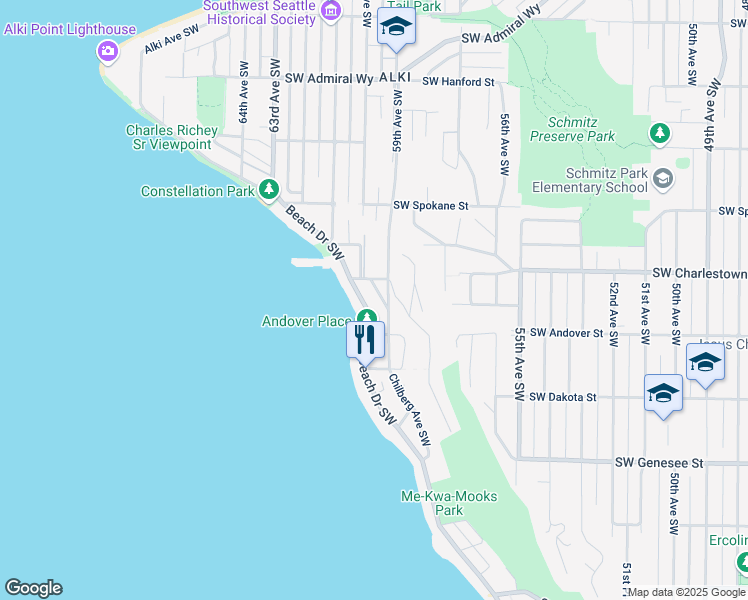 map of restaurants, bars, coffee shops, grocery stores, and more near 3824 Beach Drive Southwest in Seattle