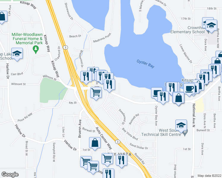 map of restaurants, bars, coffee shops, grocery stores, and more near 4826 Kitsap Way in Bremerton