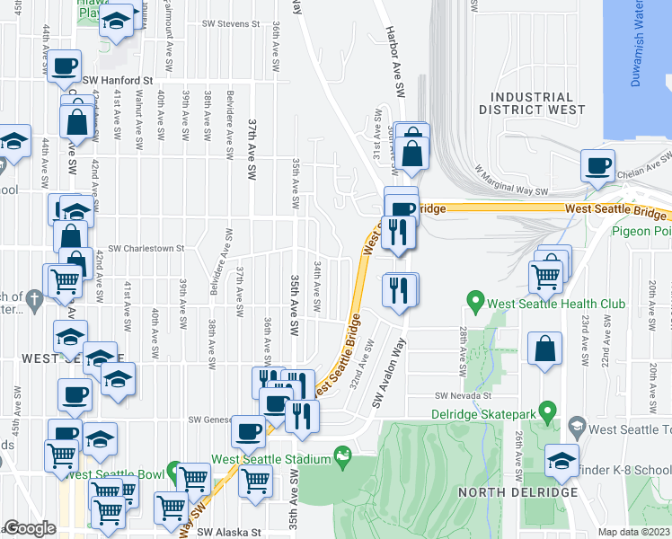 map of restaurants, bars, coffee shops, grocery stores, and more near 3807 33rd Avenue Southwest in Seattle