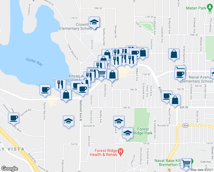 map of restaurants, bars, coffee shops, grocery stores, and more near 908 Bertha Avenue in Bremerton