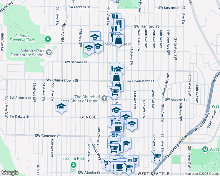 map of restaurants, bars, coffee shops, grocery stores, and more near 3820 44th Avenue Southwest in Seattle