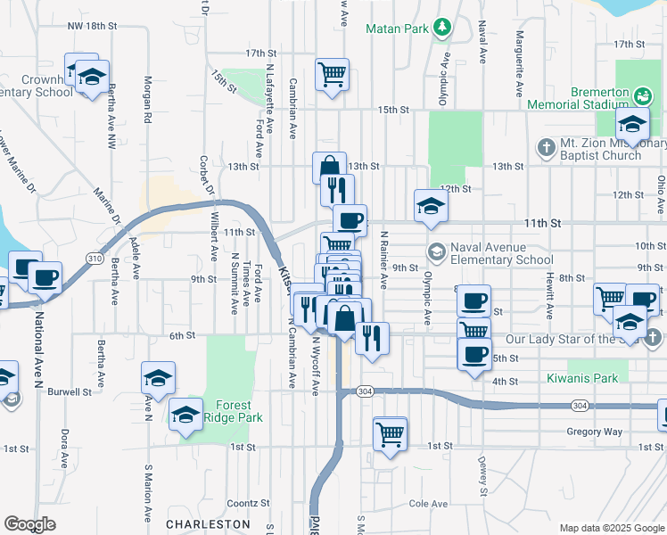 map of restaurants, bars, coffee shops, grocery stores, and more near 901 North Callow Avenue in Bremerton