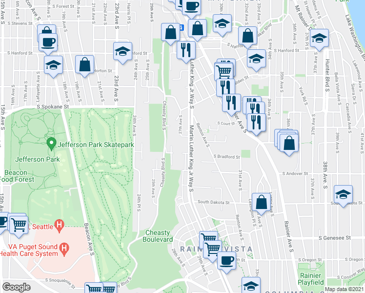 map of restaurants, bars, coffee shops, grocery stores, and more near 27TH South Riverside Drive in Seattle
