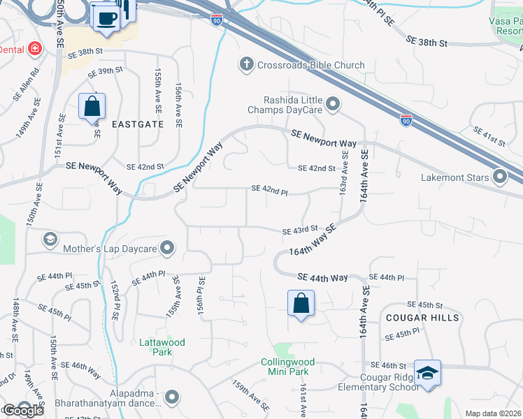 map of restaurants, bars, coffee shops, grocery stores, and more near 4227 160th Avenue Southeast in Bellevue