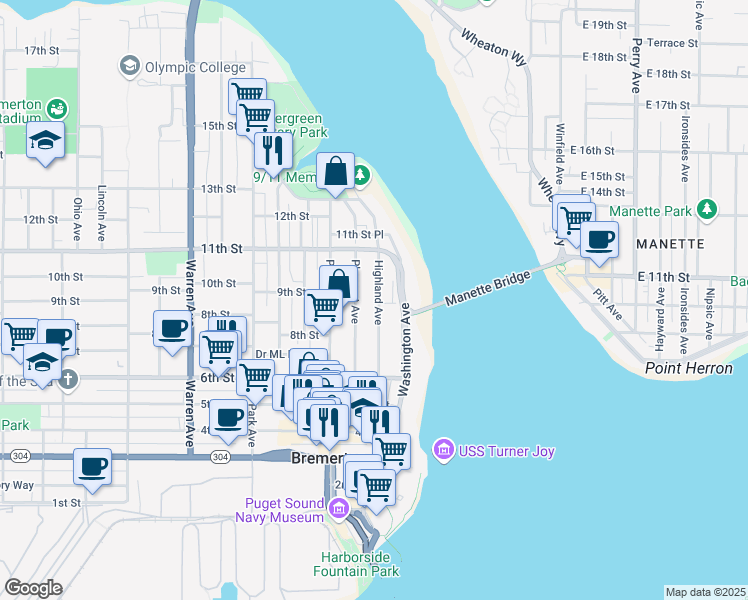 map of restaurants, bars, coffee shops, grocery stores, and more near 903 Highland Avenue in Bremerton