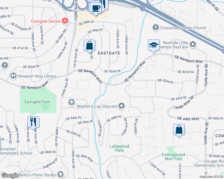 map of restaurants, bars, coffee shops, grocery stores, and more near 15411 Southeast Newport Way in Bellevue