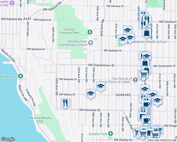 map of restaurants, bars, coffee shops, grocery stores, and more near 3820 51st Avenue Southwest in Seattle