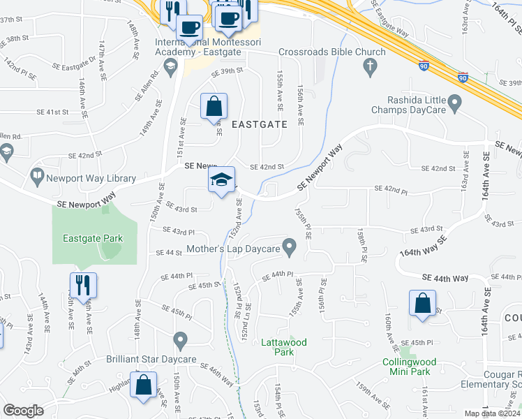 map of restaurants, bars, coffee shops, grocery stores, and more near 4260 152nd Avenue Southeast in Bellevue