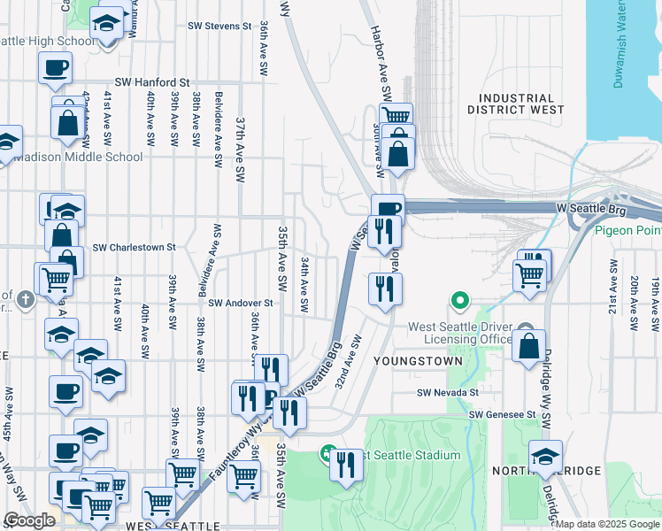 map of restaurants, bars, coffee shops, grocery stores, and more near 3807 33rd Avenue Southwest in Seattle