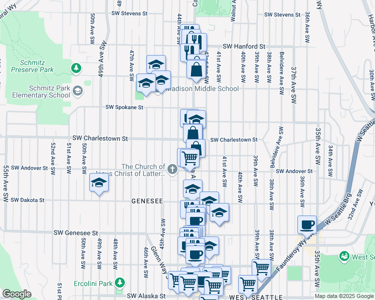 map of restaurants, bars, coffee shops, grocery stores, and more near 3820 44th Avenue Southwest in Seattle