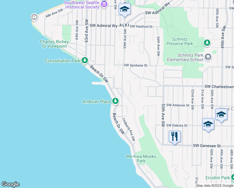 map of restaurants, bars, coffee shops, grocery stores, and more near 3824 Beach Drive Southwest in Seattle