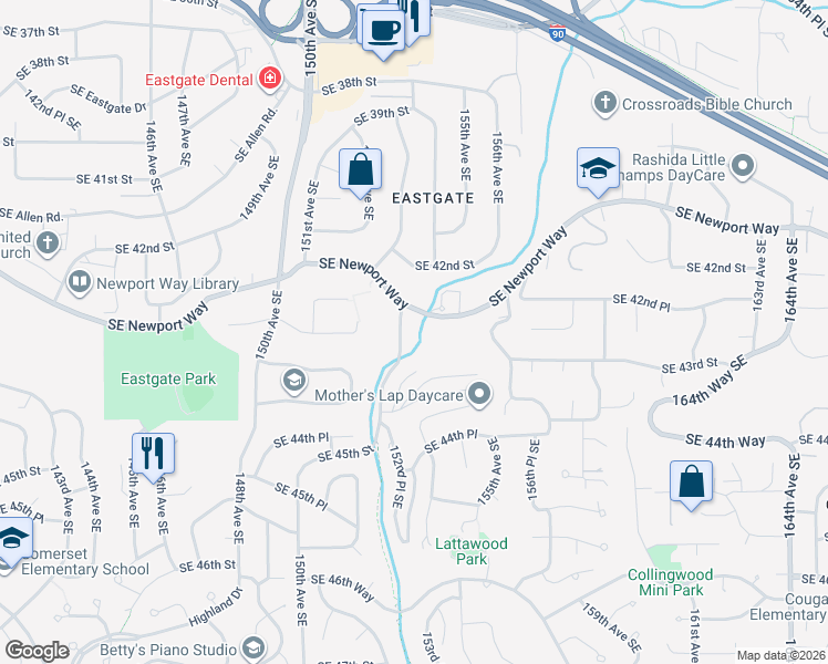 map of restaurants, bars, coffee shops, grocery stores, and more near 4260 152nd Avenue Southeast in Bellevue