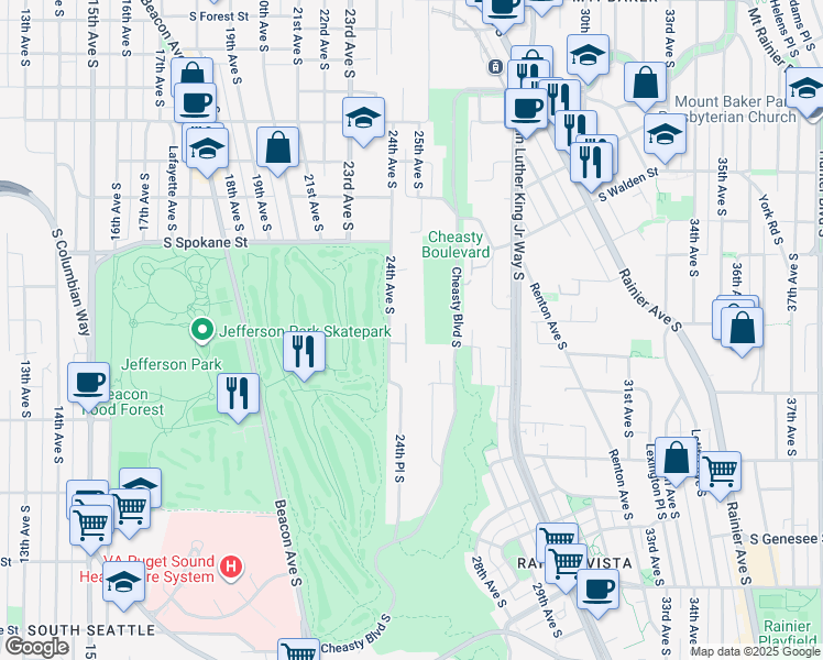 map of restaurants, bars, coffee shops, grocery stores, and more near 3827 25th Avenue South in Seattle