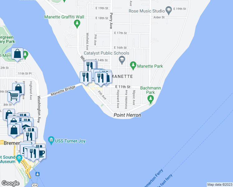 map of restaurants, bars, coffee shops, grocery stores, and more near 2316 East 10th Street in Bremerton