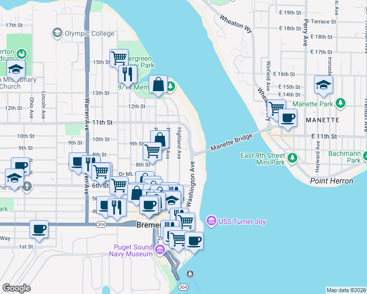 map of restaurants, bars, coffee shops, grocery stores, and more near 904 Highland Avenue in Bremerton