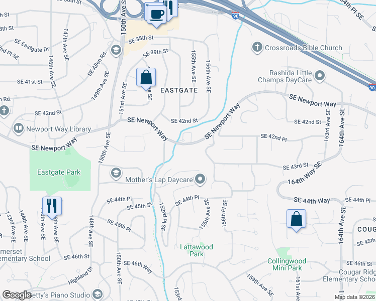 map of restaurants, bars, coffee shops, grocery stores, and more near 15411 Southeast Newport Way in Bellevue