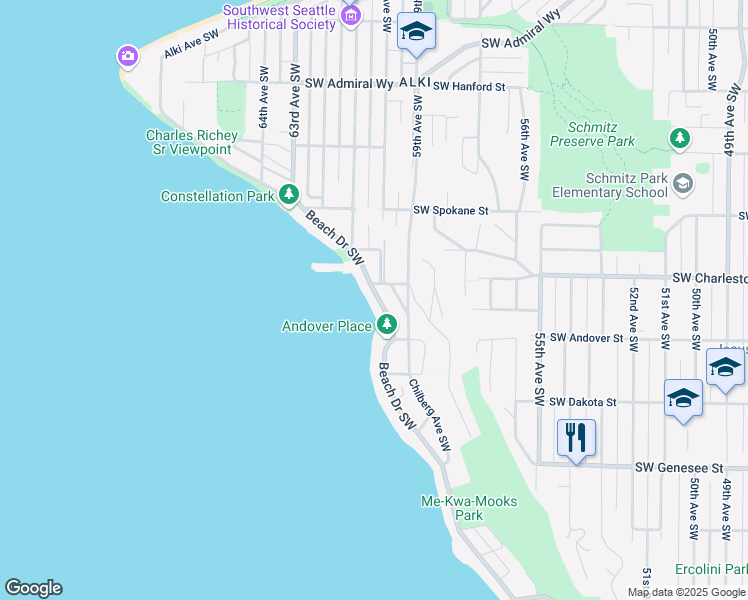 map of restaurants, bars, coffee shops, grocery stores, and more near 3817 Beach Drive Southwest in Seattle