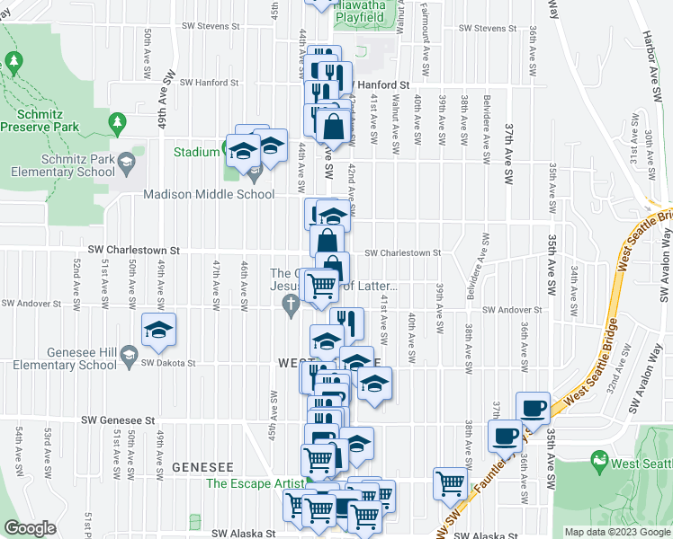 map of restaurants, bars, coffee shops, grocery stores, and more near 3800 California Avenue Southwest in Seattle