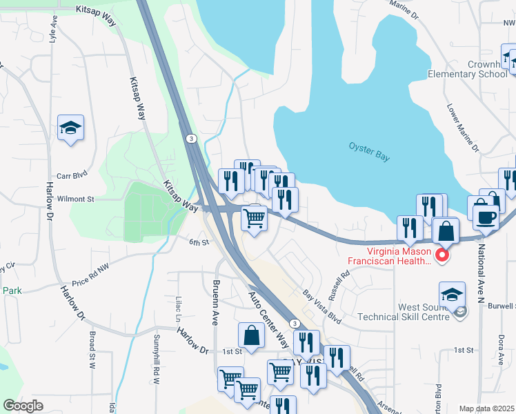 map of restaurants, bars, coffee shops, grocery stores, and more near 4984 Kitsap Way in Bremerton