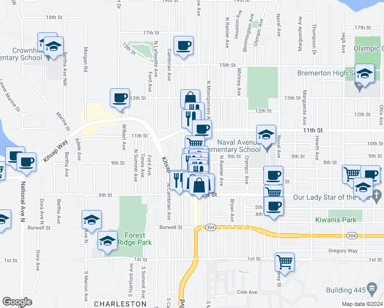 map of restaurants, bars, coffee shops, grocery stores, and more near 901 North Callow Avenue in Bremerton