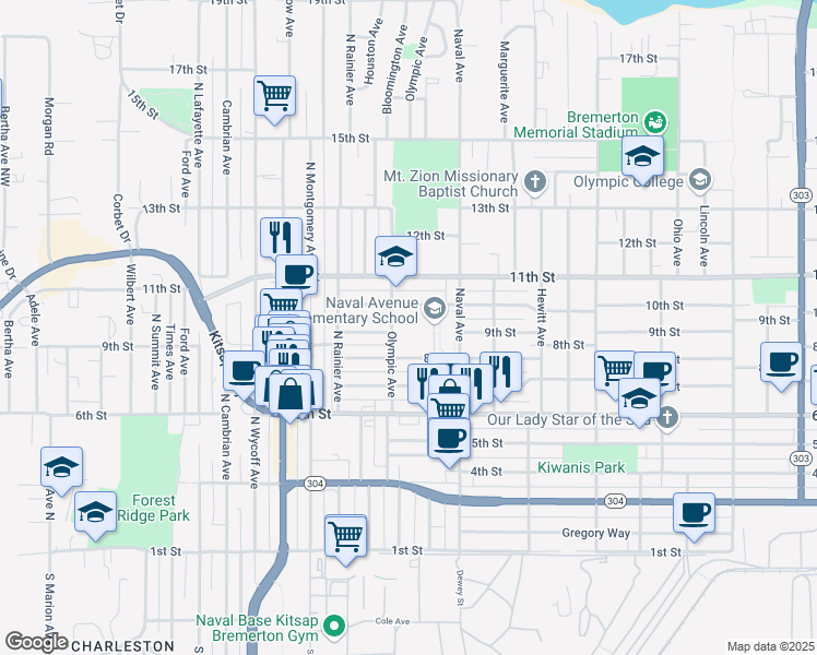 map of restaurants, bars, coffee shops, grocery stores, and more near 900 Olympic Avenue in Bremerton