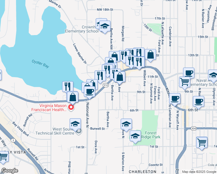 map of restaurants, bars, coffee shops, grocery stores, and more near 908 Bertha Avenue in Bremerton