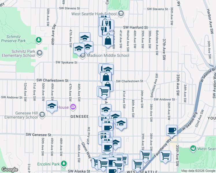 map of restaurants, bars, coffee shops, grocery stores, and more near 3836 California Avenue Southwest in Seattle