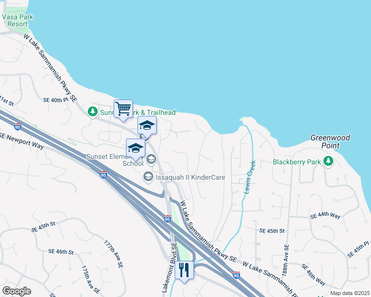 map of restaurants, bars, coffee shops, grocery stores, and more near 18144 Southeast 42nd Place in Issaquah