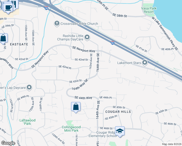 map of restaurants, bars, coffee shops, grocery stores, and more near 4266 163rd Avenue Southeast in Bellevue