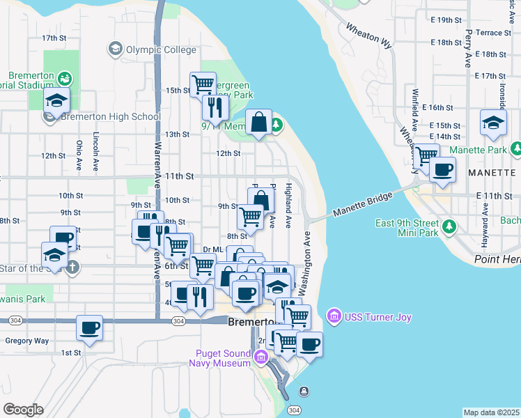 map of restaurants, bars, coffee shops, grocery stores, and more near 830 Pacific Avenue in Bremerton