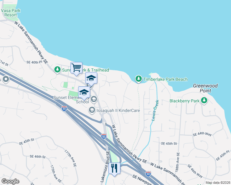 map of restaurants, bars, coffee shops, grocery stores, and more near 18144 Southeast 42nd Place in Issaquah