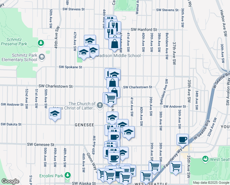 map of restaurants, bars, coffee shops, grocery stores, and more near 3836 California Avenue Southwest in Seattle