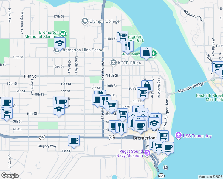 map of restaurants, bars, coffee shops, grocery stores, and more near 814 8th Street in Bremerton