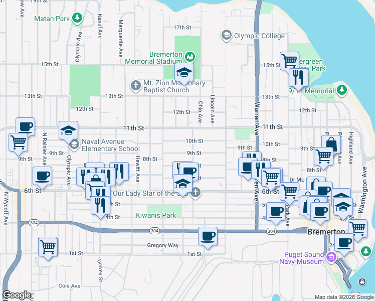 map of restaurants, bars, coffee shops, grocery stores, and more near 811 Veneta Avenue in Bremerton
