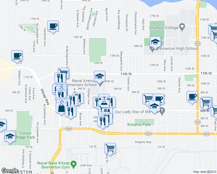 map of restaurants, bars, coffee shops, grocery stores, and more near 2021 9th Street in Bremerton