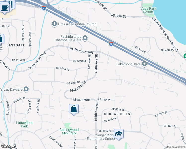 map of restaurants, bars, coffee shops, grocery stores, and more near 4266 163rd Avenue Southeast in Bellevue