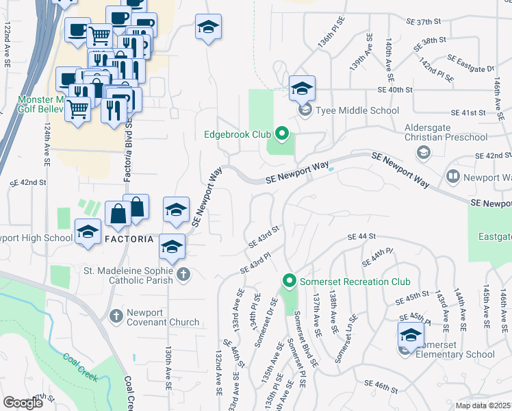 map of restaurants, bars, coffee shops, grocery stores, and more near 4220 134th Avenue Southeast in Bellevue