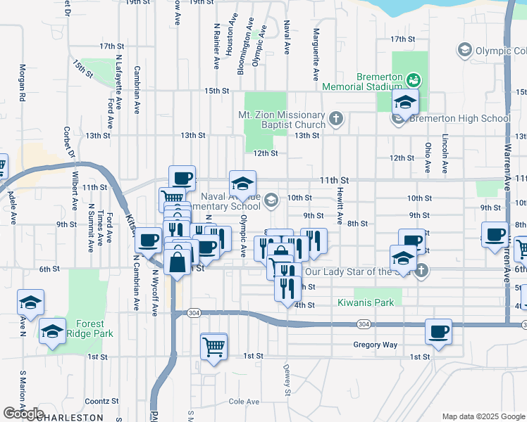 map of restaurants, bars, coffee shops, grocery stores, and more near 900 Olympic Avenue in Bremerton
