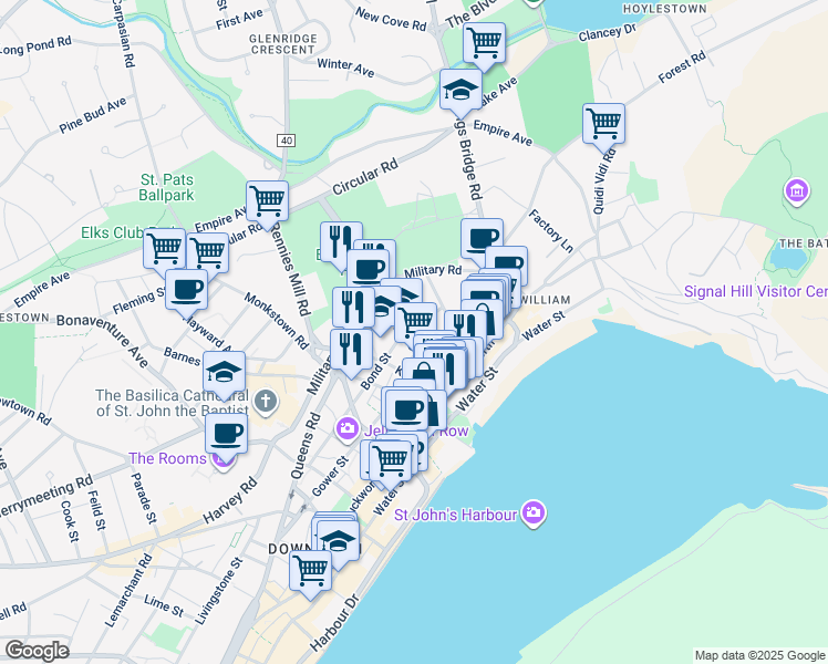 map of restaurants, bars, coffee shops, grocery stores, and more near 25 Bond Street in St. John's