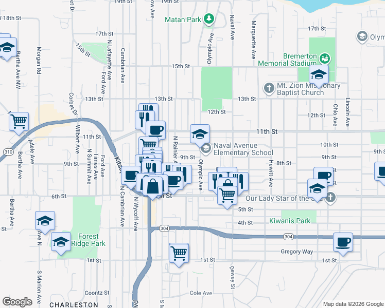 map of restaurants, bars, coffee shops, grocery stores, and more near 2310 9th Street in Bremerton