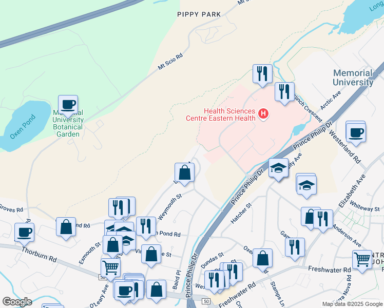 map of restaurants, bars, coffee shops, grocery stores, and more near 103 Larkhall Street in St. John's