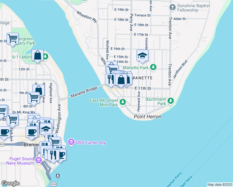 map of restaurants, bars, coffee shops, grocery stores, and more near 148 Shore Drive in Bremerton