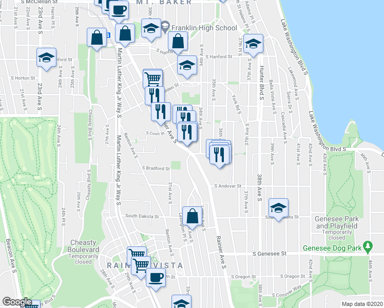 map of restaurants, bars, coffee shops, grocery stores, and more near Rainier Avenue South & Letitia Avenue South in Seattle