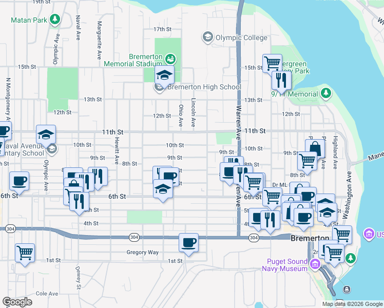 map of restaurants, bars, coffee shops, grocery stores, and more near 1216 9th Street in Bremerton