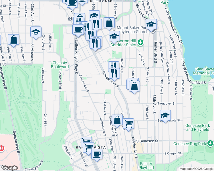 map of restaurants, bars, coffee shops, grocery stores, and more near 3043 South Court Street in Seattle
