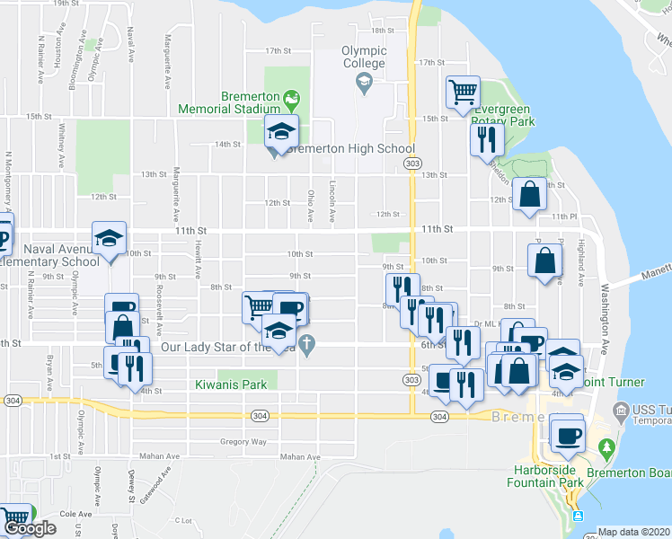 map of restaurants, bars, coffee shops, grocery stores, and more near 1216 9th Street in Bremerton
