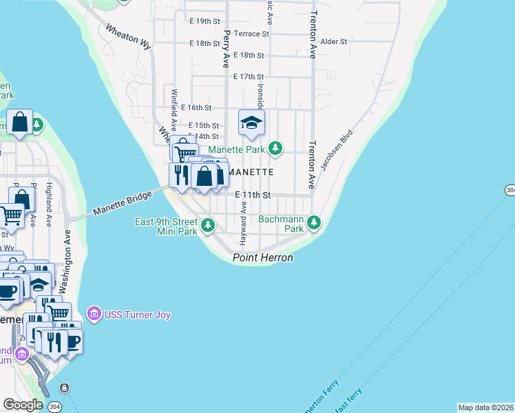 map of restaurants, bars, coffee shops, grocery stores, and more near 1009 Ironsides Avenue in Bremerton