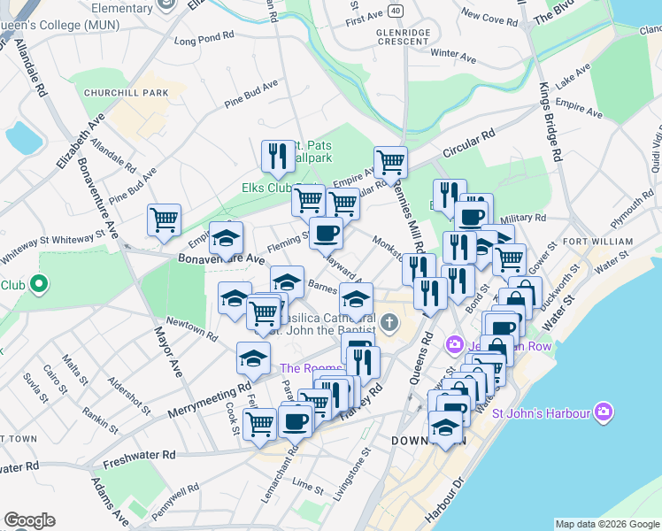 map of restaurants, bars, coffee shops, grocery stores, and more near 71 Hayward Avenue in St. John's