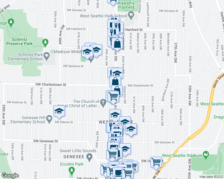map of restaurants, bars, coffee shops, grocery stores, and more near 3820 44th Avenue Southwest in Seattle